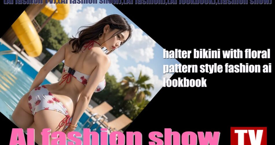 [ai fashion show TV]ai fashion model wearing halter bikini with floral pattern style fashion